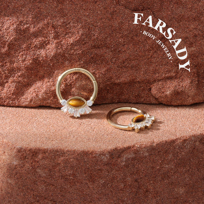 Tiger Eye Radiance - Solid 14K Gold Hinged Clicker Hoop / Fits 16G Septum Ring Helix Conch Cartilage Earring