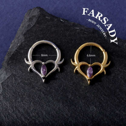 16G Heart Thorn Hinged Daith Earring Hoop, Gothic Purple CZ Septum Ring, Edgy Helix Tragus Conch Clicker  Sterling Silver, Original Design