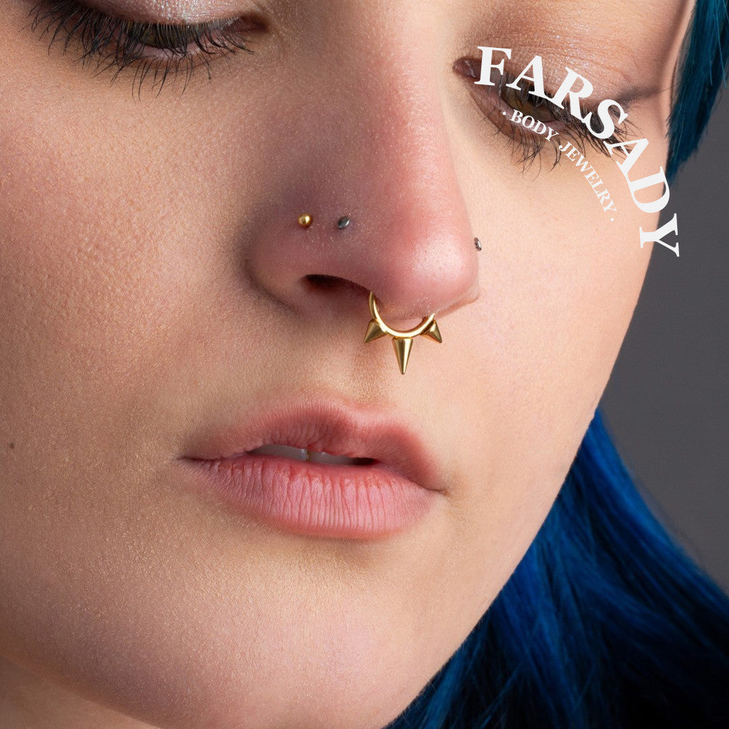 16G Titanium Triple Spike Hinged Septum Ring, Punk Style Segment Hoop, Spiked Daith & Nose Clicker Piercing Jewelry in Silver & Gold, Daily Wear with Gift Box