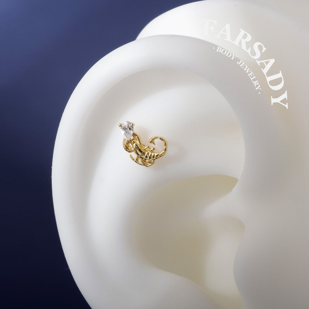 Sterling Silver Crimson Scorpion Helix Stud Threadless Push In  Earring 18K Gold Plated Tragus Conch Piercing Jewelry Hypoallergenic Piercing Minimal Cartliage Stud Gift Packaged