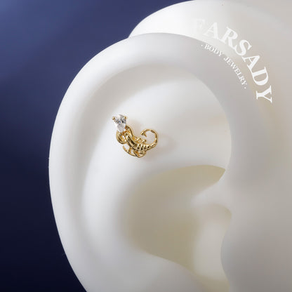 Sterling Silver Crimson Scorpion Helix Stud Threadless Push In  Earring 18K Gold Plated Tragus Conch Piercing Jewelry Hypoallergenic Piercing Minimal Cartliage Stud Gift Packaged