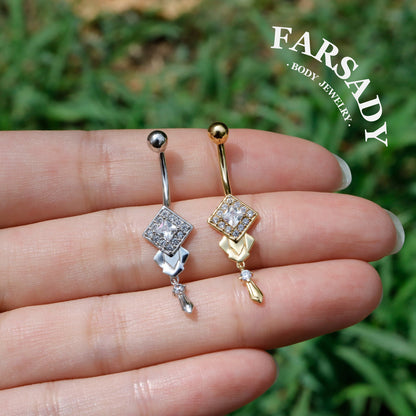 14G Belly Button Ring – 925 Silver 18K Gold Plated| Clear CZ Amulet Belly Ring Dangle Bar| Hypoallergenic Navel Piercing Jewelry| Waterproof