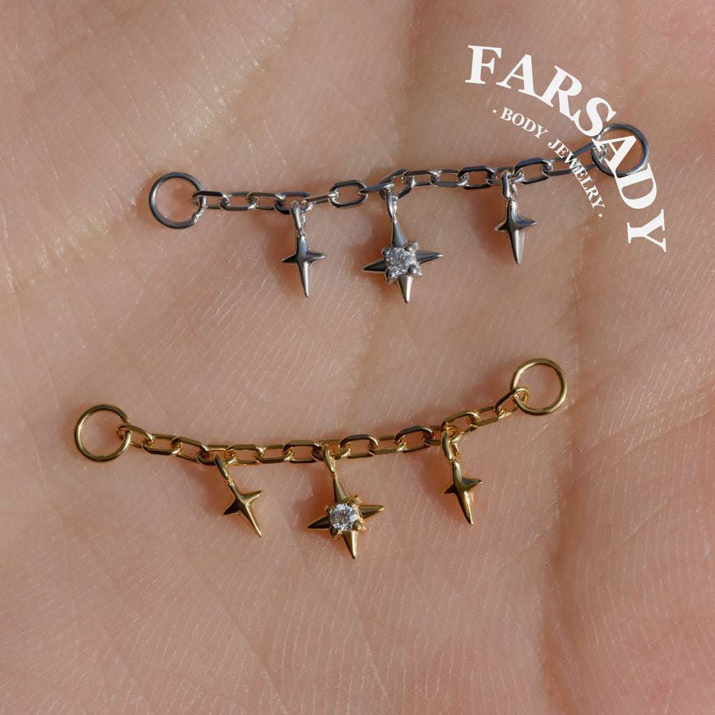 Star Dangle Earring Chain Sterling Silver/  Industrial Barbell Triple Stars Charm Chain/18K Gold Plated Helix Conch Lobe Nose Piercing Chain