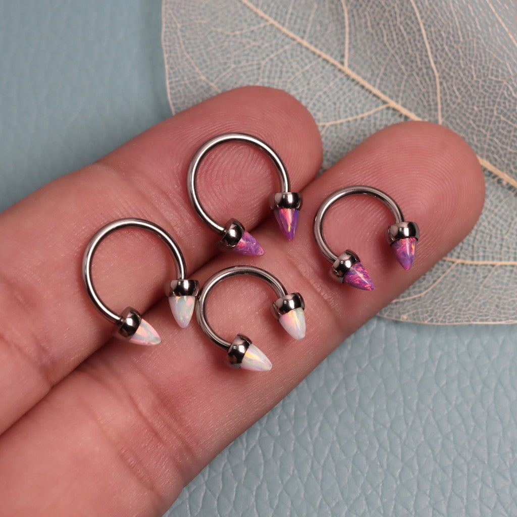 Opal Spike - F136 Titanium Internally Threaded Curved Barbell Ring / Fits 16G Septum Ring Helix Conch Daith Earring