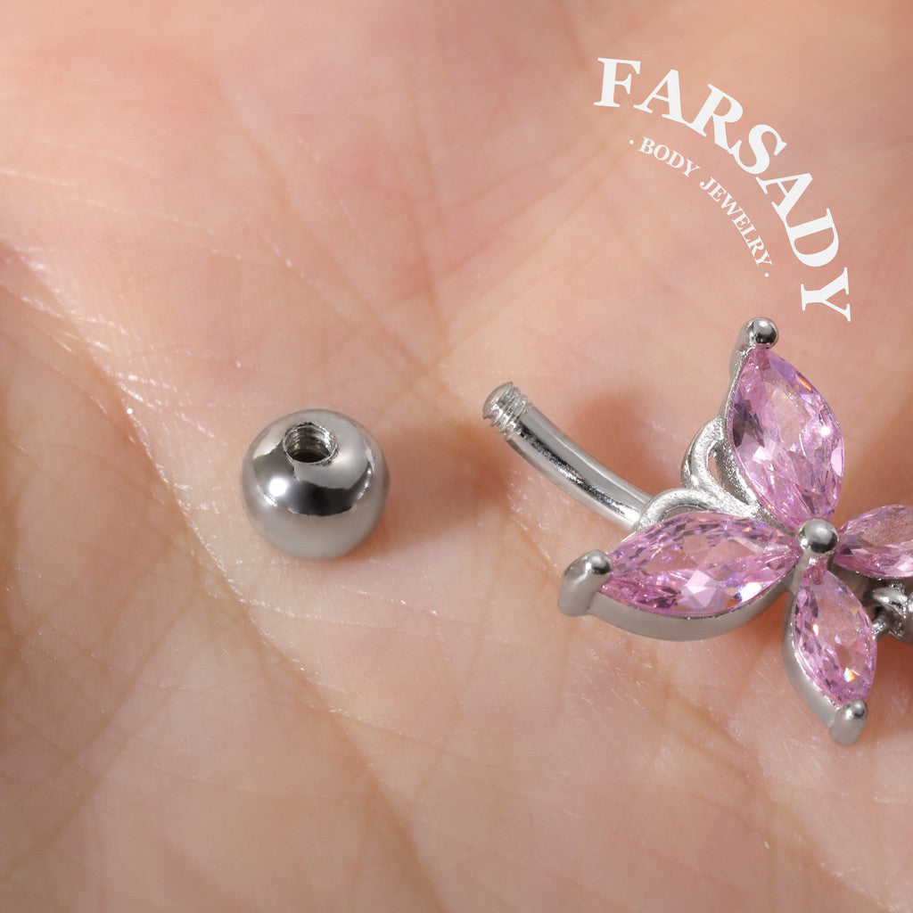 Pink Butterfly Trail - 925 Silver Pink CZ Belly Button Ring / Fits 14G Navel Piercing
