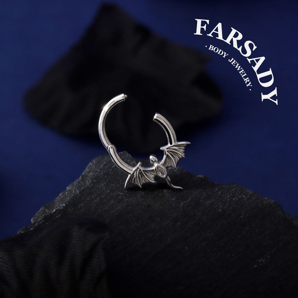 16G Flying Dragon Daith Hoop Earring| Sterling Silver Daith ewelry| Original Design Septum Clicker| Helix Piercing| Gothic Halloween Jewelry
