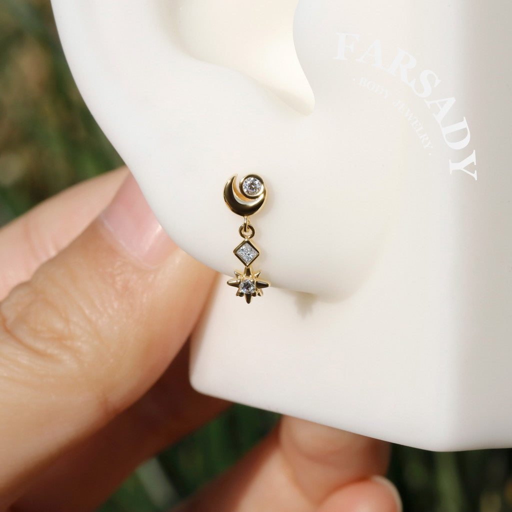 Luna Flare Dangle Threadless Push In Helix Stud, Sterling Silver Cartilage Stud, Flat Back Titanium Post, Design Satr Tragus/ Lobe Earring