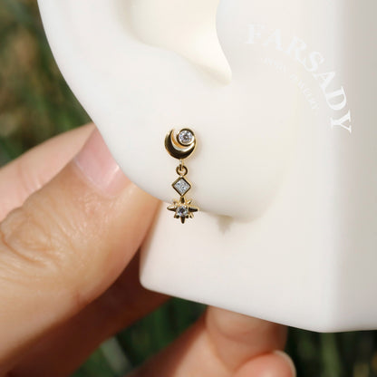 Luna Flare Dangle Threadless Push In Helix Stud, Sterling Silver Cartilage Stud, Flat Back Titanium Post, Design Satr Tragus/ Lobe Earring