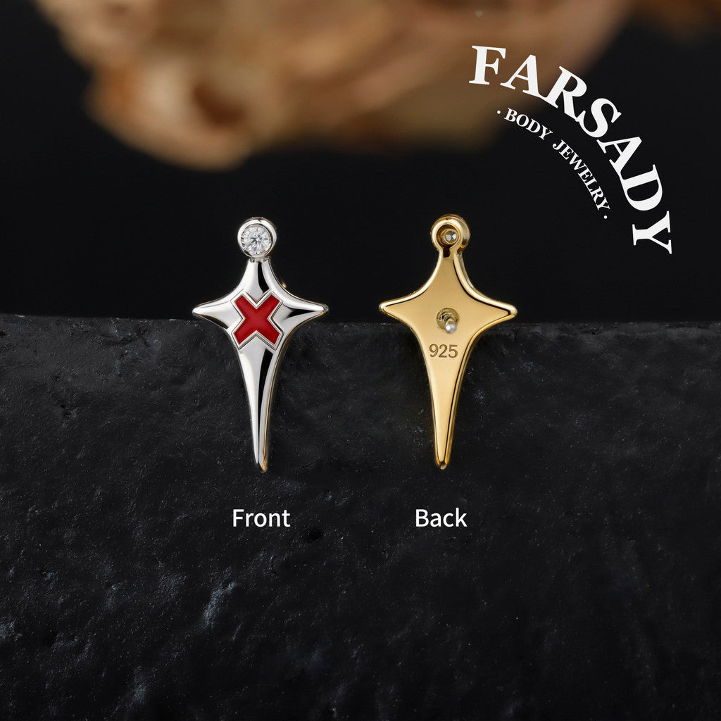 Sterling Silver Red X Threadless Labret, F136 Titanium Push Pin Stud, 925 Silver Gothic Earring, 16G 18G 20G Flat Back, Helix Tragus Conch Piercing Jewelry
