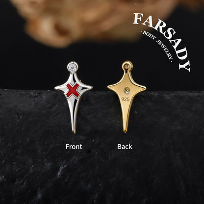 Sterling Silver Red X Threadless Labret, F136 Titanium Push Pin Stud, 925 Silver Gothic Earring, 16G 18G 20G Flat Back, Helix Tragus Conch Piercing Jewelry