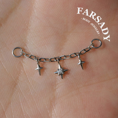Star Dangle Earring Chain Sterling Silver/  Industrial Barbell Triple Stars Charm Chain/18K Gold Plated Helix Conch Lobe Nose Piercing Chain
