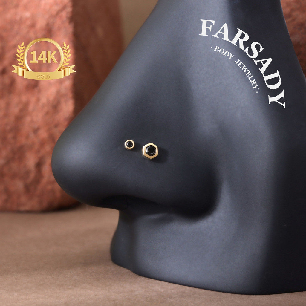Dark Hexa - Solid 14K Gold Threadless Stud / Fits Cartilage Helix Tragus Lobe Nostril Piercing