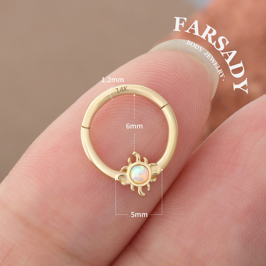 Opal Suncore - Solid 14K Gold Hinged Clicker Hoop / Fits 16G Septum Ring Helix Conch Cartilage Earring