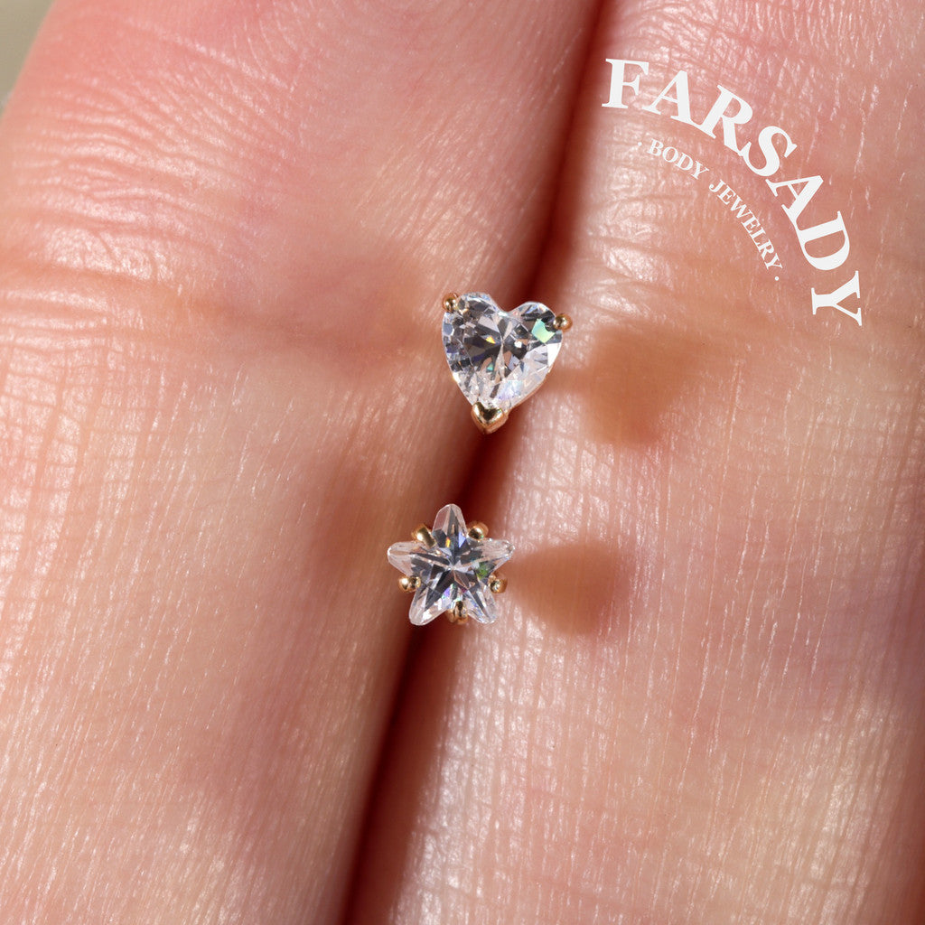 Minimal Heart & Star CZ - Solid 14K Gold L-Shape Stud / Fit 20G Nostril Piercing