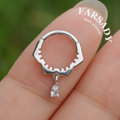 Sterling Silver  Dangle Flower Septum Ring/ Moissanite Septum Piercing Jewelry/ 16G Daith Hoop Earring/8mm Helix Tragus Cartilage Hoop Earring