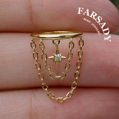 Star Vertical Helix Piercing Threadless Push In Stud • Sterling Silver Plated 18k Gold • Flat Back Hidden Rook Cartilage Earring 16g/18g/20g