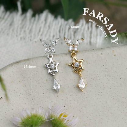Sterling Silver Butterfly Dangle Cartilage Stud Earring • Threadless Push In Flat Helix Piercing Jewelry Flat  Back Earring Plated 18K Gold