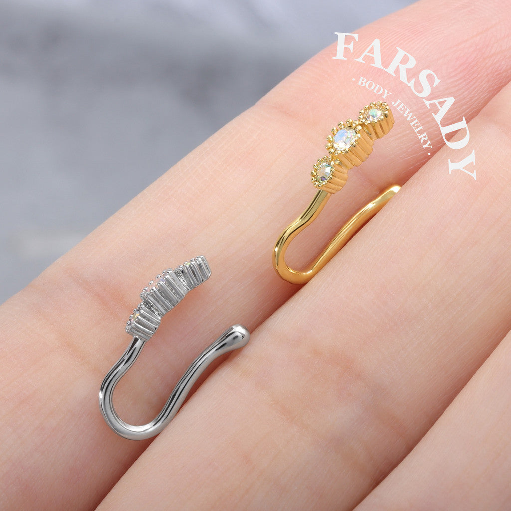 Three Bezel AB CZ Hook - 925 Silver Fake Nose Ring / Fit Non-Pierced Nose Ring