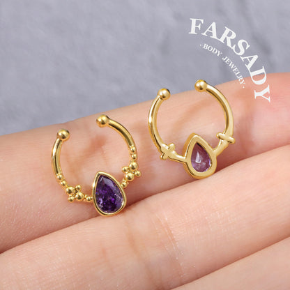 Amethyst Droplet Arc - 316L Fake Nose Ring C-Hoop Piercing / Fit Non-Pierced Septum Ring