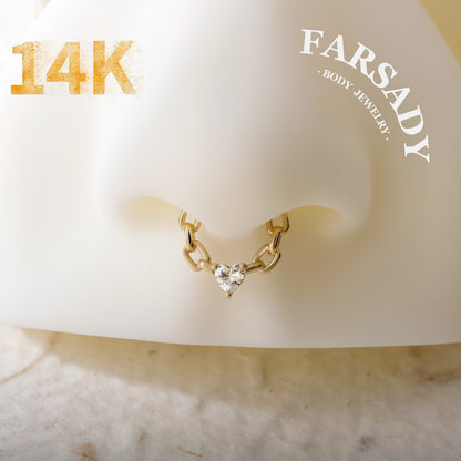Chain Heartlock - Solid 14K Gold Hinged Clicker Hoop / Fits 16G Septum Ring Helix Conch Cartilage Earring