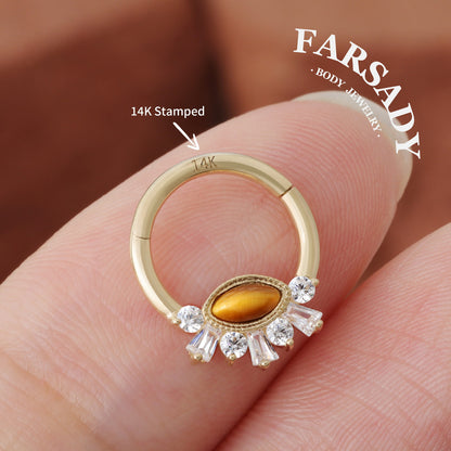 Tiger Eye Radiance - Solid 14K Gold Hinged Clicker Hoop / Fits 16G Septum Ring Helix Conch Cartilage Earring
