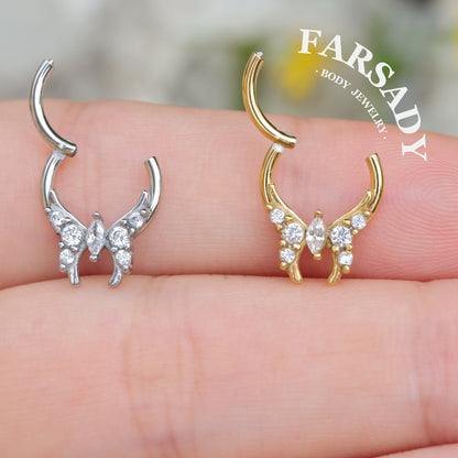 Fairy Wing - CZ Hinged Clicker Hoop / Fits 16G Septum Ring Helix Conch Cartilage Earring