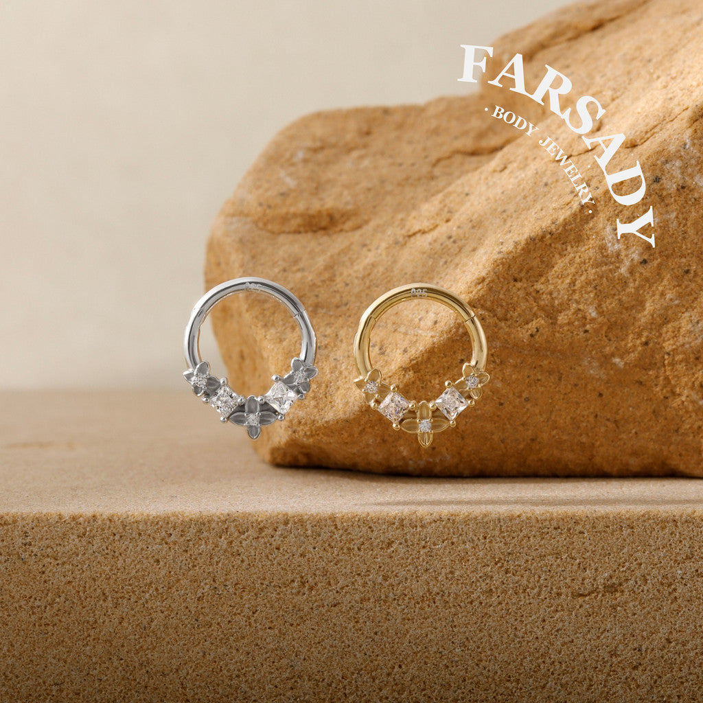 Clover Crest - 925 Silver Hinged Clicker Hoop / Fits 16G Septum Ring Helix Conch Daith Earring
