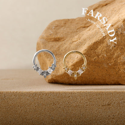 Clover Crest - 925 Silver Hinged Clicker Hoop / Fits 16G Septum Ring Helix Conch Daith Earring