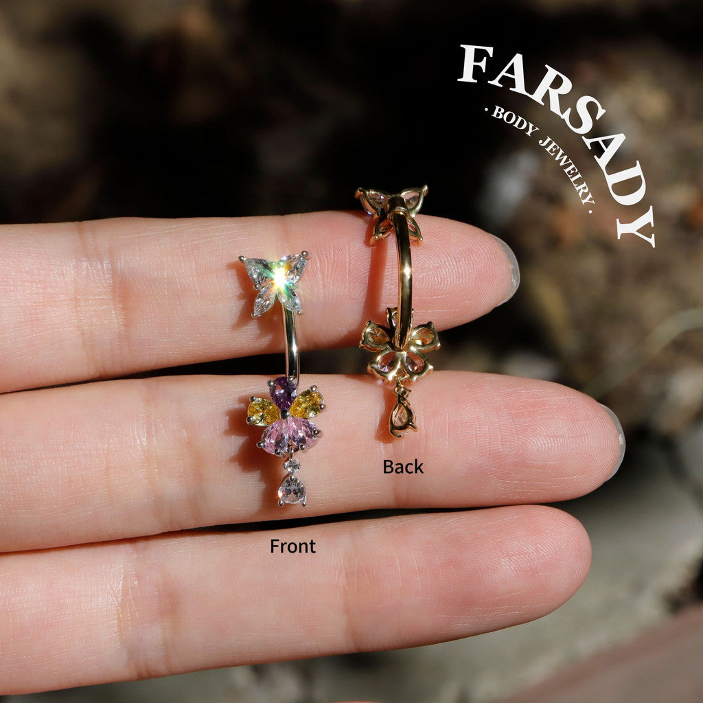 Petal Flutter - Sterling Silver Colorful CZ Belly Button Ring / Fits 14G Navel Piercing