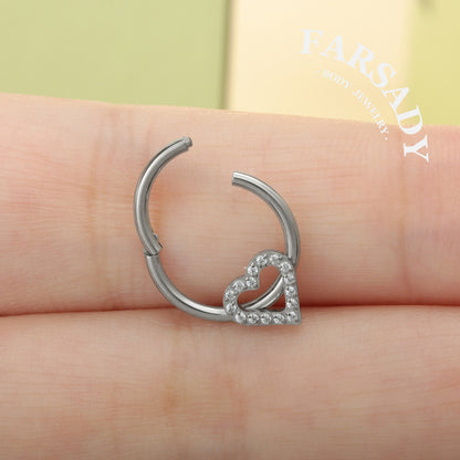 Hollow Heart - ASTM F136 Titanium Hinged Clicker Hoop / Fits 16G Septum Ring Helix Conch Cartilage Earring