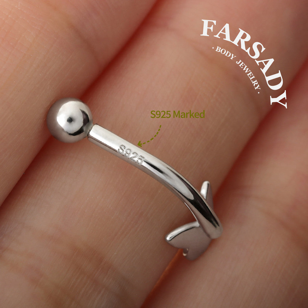 Plain Silver Butterfly - 925 Silver Belly Button Ring / Fits 14G Navel Piercing