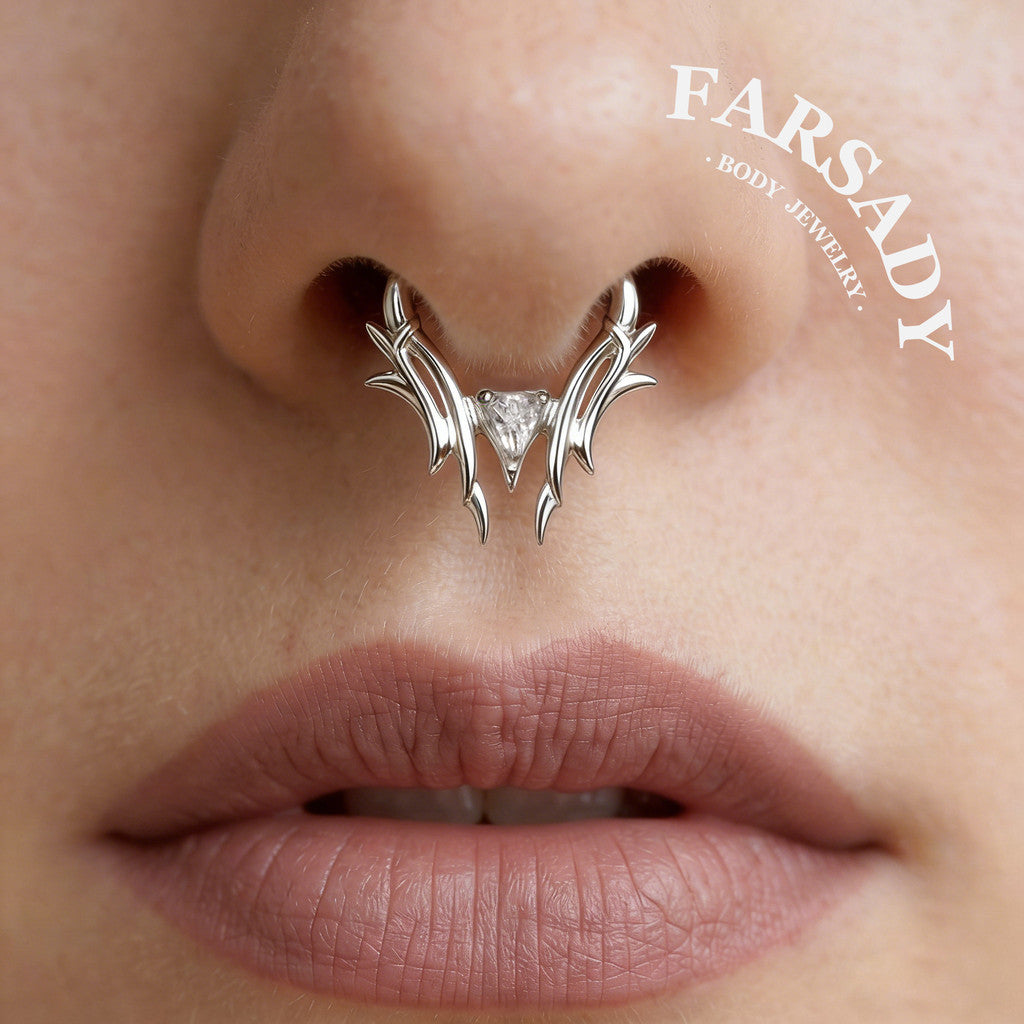 16G Thron Theme Septum Ring with Triangle Stone: Original Design Daith Earring Hoop, 8/10mm Hinged Septum Clicker, 316L Steel Nose Ring Hoop