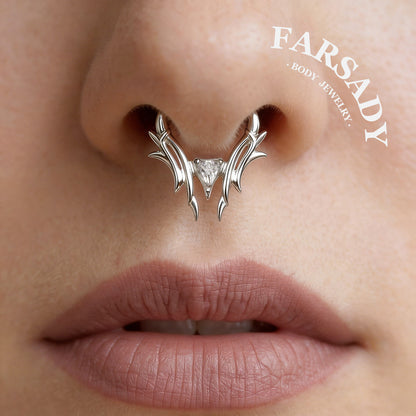 16G Thron Theme Septum Ring with Triangle Stone: Original Design Daith Earring Hoop, 8/10mm Hinged Septum Clicker, 316L Steel Nose Ring Hoop