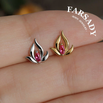 Pink Lotus Threadless Push In Helix Stud, Sterling Silver Cartilage Stud, Flat Back Titanium Post, Design Flower Tragus/ Lobe/ Lip Earring