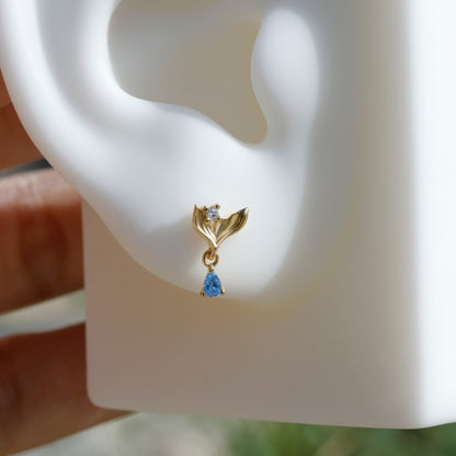 Mermaid Legend Helix Stud Earring with Blue CZ Dangle, Sterling Silver Tragus Lobe Conch Piercing Jewelry, Titanium Flat Back Ear Stack