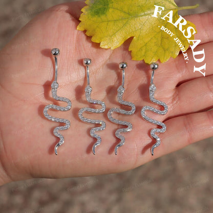14G Sterling Silver Snake Belly Button Ring - S925 Clear CZ 6mm 8mm 10mm 12mm Navel Body Piercing Jewelry - Minimalist Body Jewelry