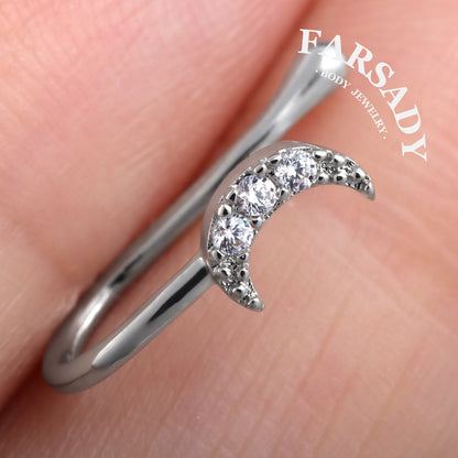 Paved CZ Crescent Moon - 925 Silver Fake Nose Ring / Fit Non-Pierced Nose Ring