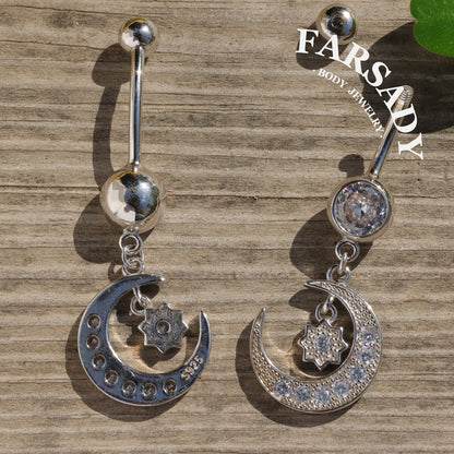 Midnight Orbit - 925 Silver Clear CZ Belly Button Ring / Fits 14G Navel Piercing