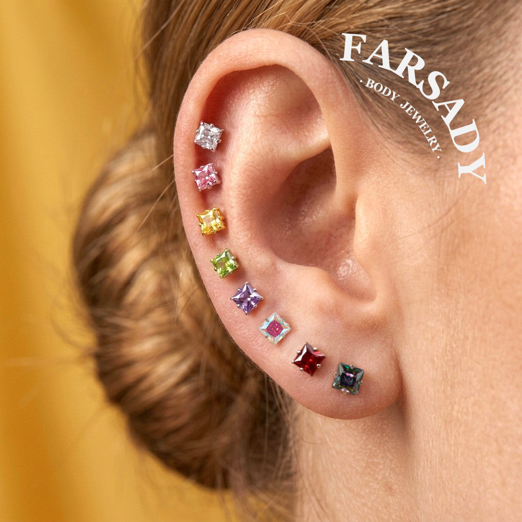 Color Square Zircon - F136 Titanium Colorful CZ Replacement Tops / Fits Threadless Ear Studs