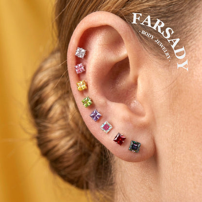 Color Square Zircon - F136 Titanium Colorful CZ Replacement Tops / Fits Threadless Ear Studs