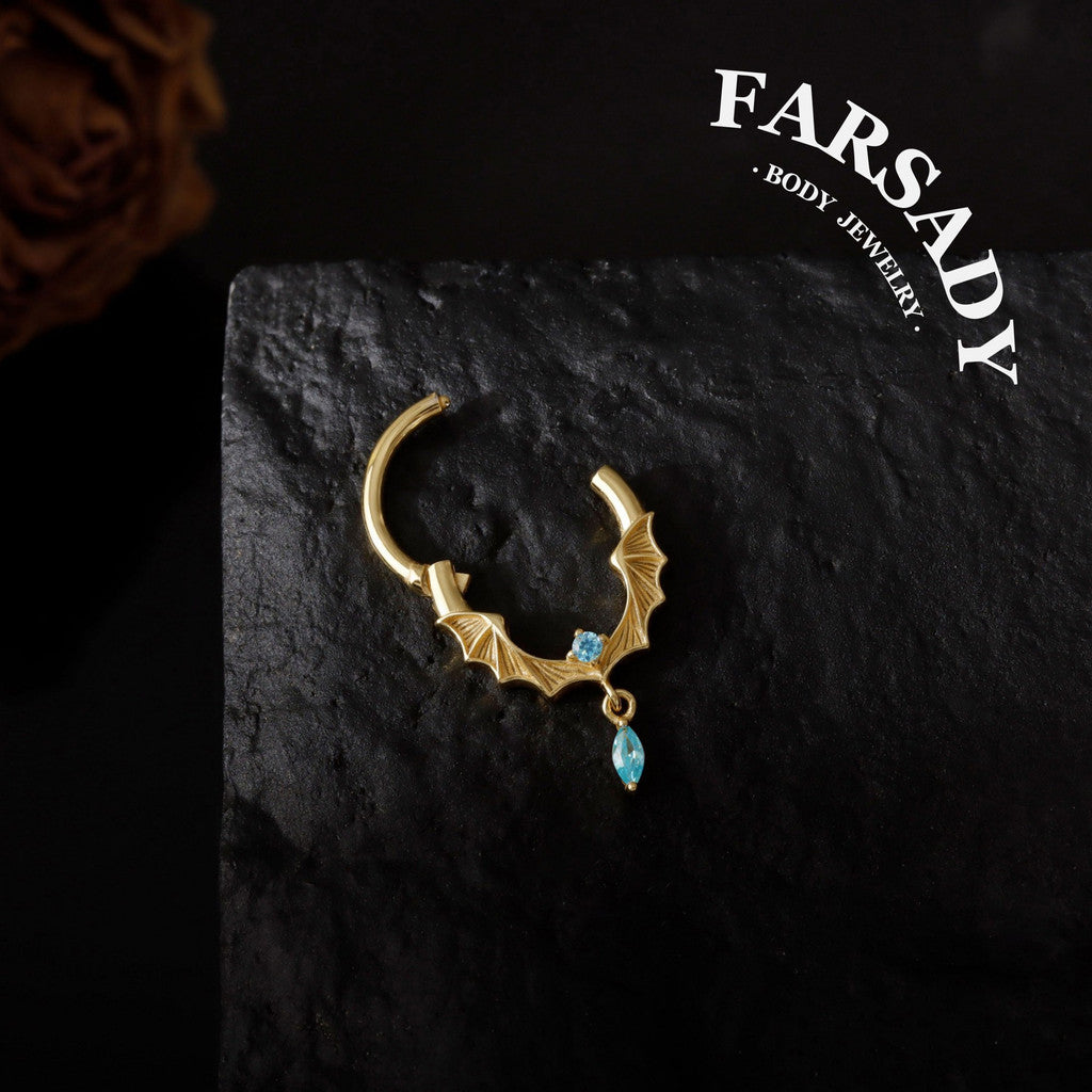 Frost Batwing - 925 Silver Hinged Clicker Hoop / Fits 16G Septum Ring Helix Conch Daith Earring