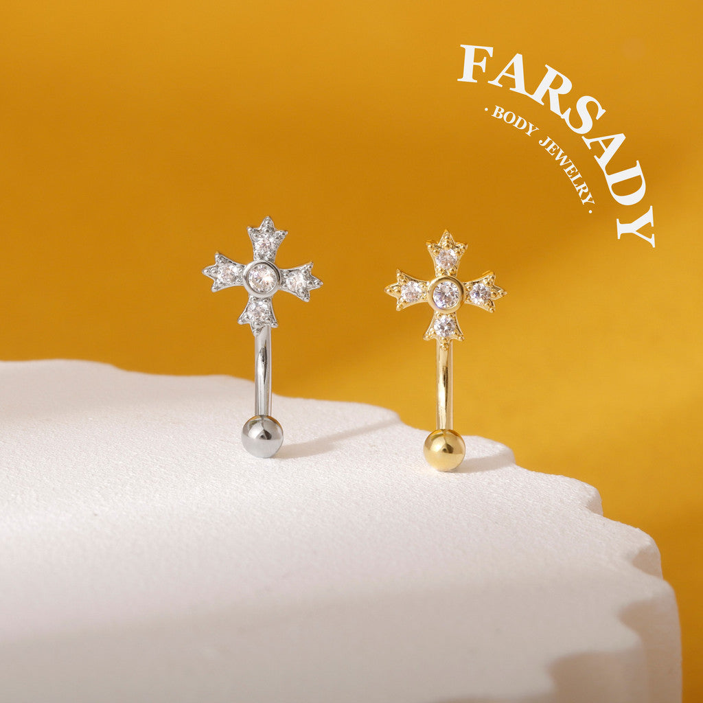 Four-Petal Star Cross - 316L Clear CZ Curved Barbell / Fits 16G Rook Daith Earring Lip Eyebrow Cartilage Piercing