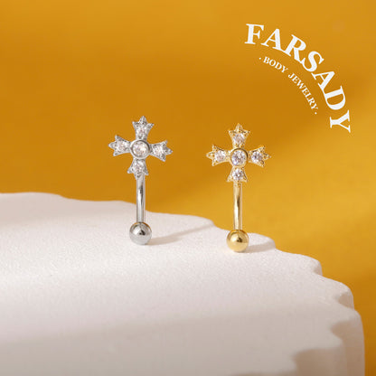 Four-Petal Star Cross - 316L Clear CZ Curved Barbell / Fits 16G Rook Daith Earring Lip Eyebrow Cartilage Piercing