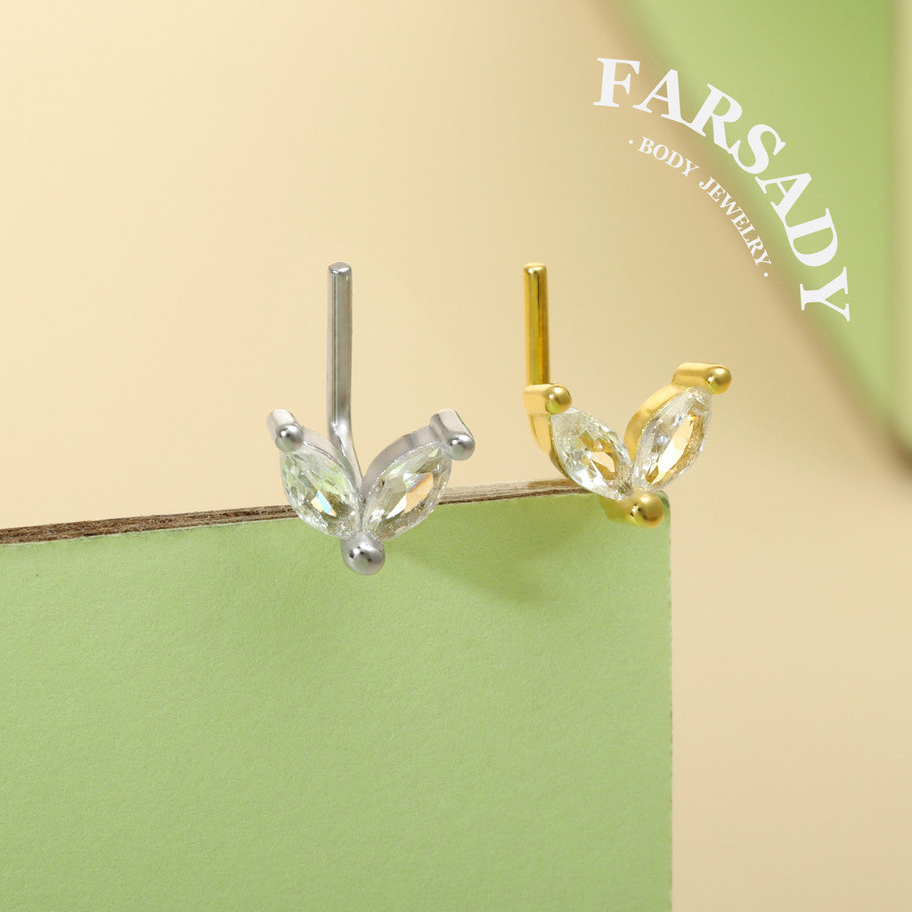 Twin Marquise Sprout - 925 Silver L-Shape Stud / Fit 20G Nose Ring