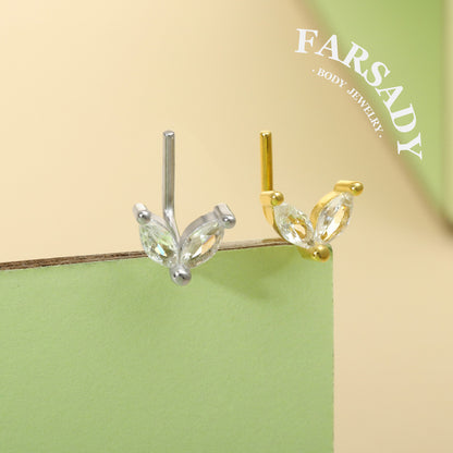Twin Marquise Sprout - 925 Silver L-Shape Stud / Fit 20G Nose Ring