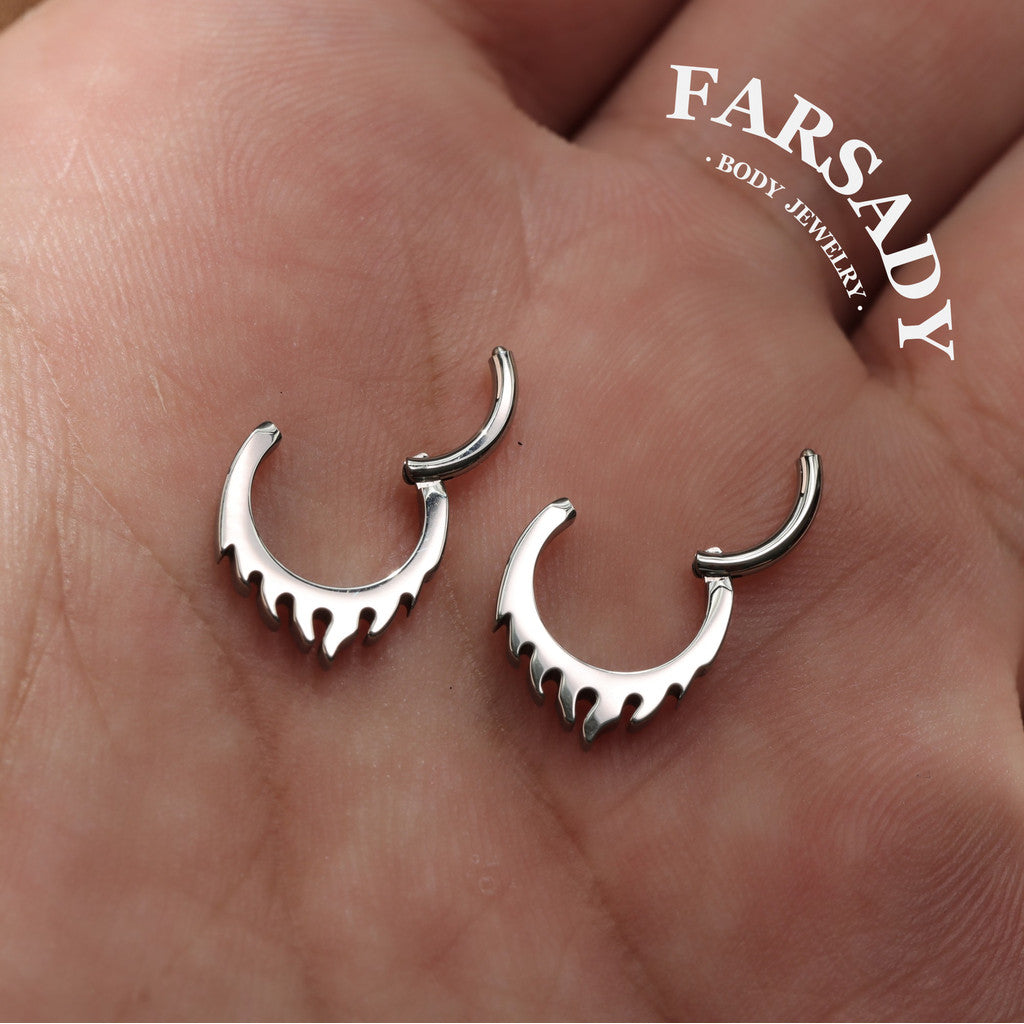 Flame Edge - F136 Titanium Hinged Clicker Hoop / Fits 16G Septum Ring Helix Conch Cartilage Earring