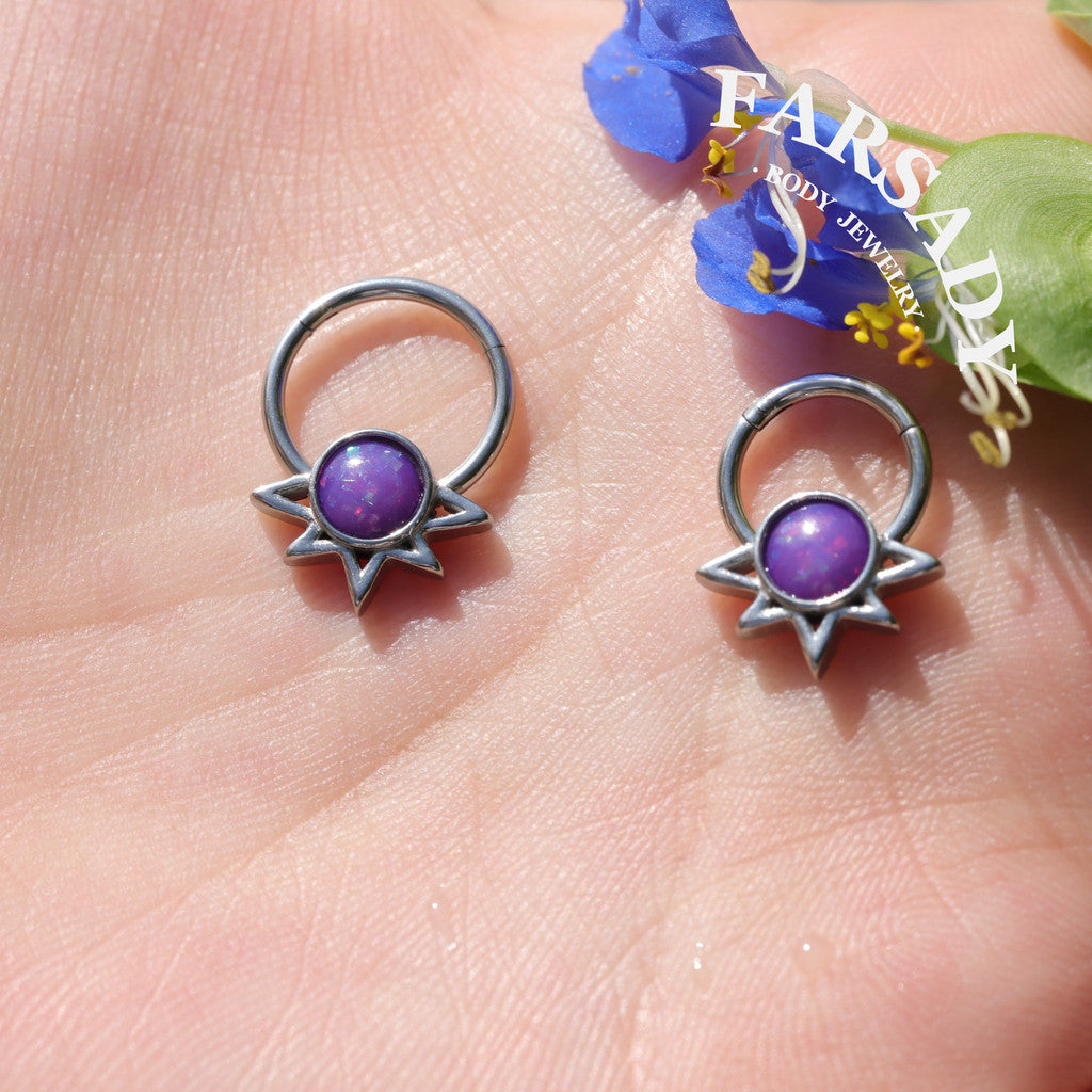 Purple Solis - Opal Hinged Clicker Hoop / Fits 16G Septum Ring Helix Conch Cartilage Earring