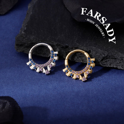 Dusk Fan - 925 Silver CZ Hinged Clicker Hoop / Fits 16G Septum Ring Helix Conch Daith Earring