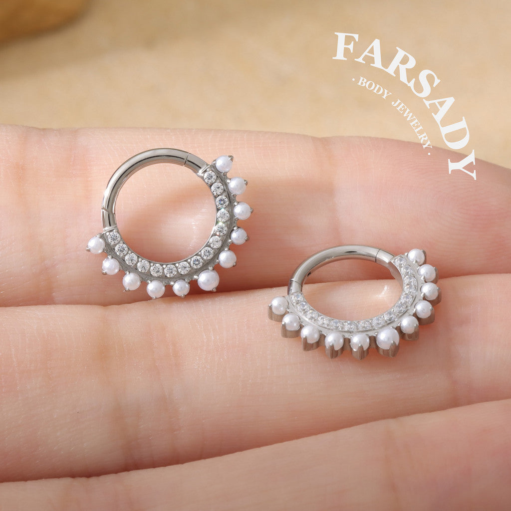 Pearl Fringe - F136 Titanium Hinged Clicker Hoop / Fits 16G Septum Ring Helix Conch Cartilage Earring