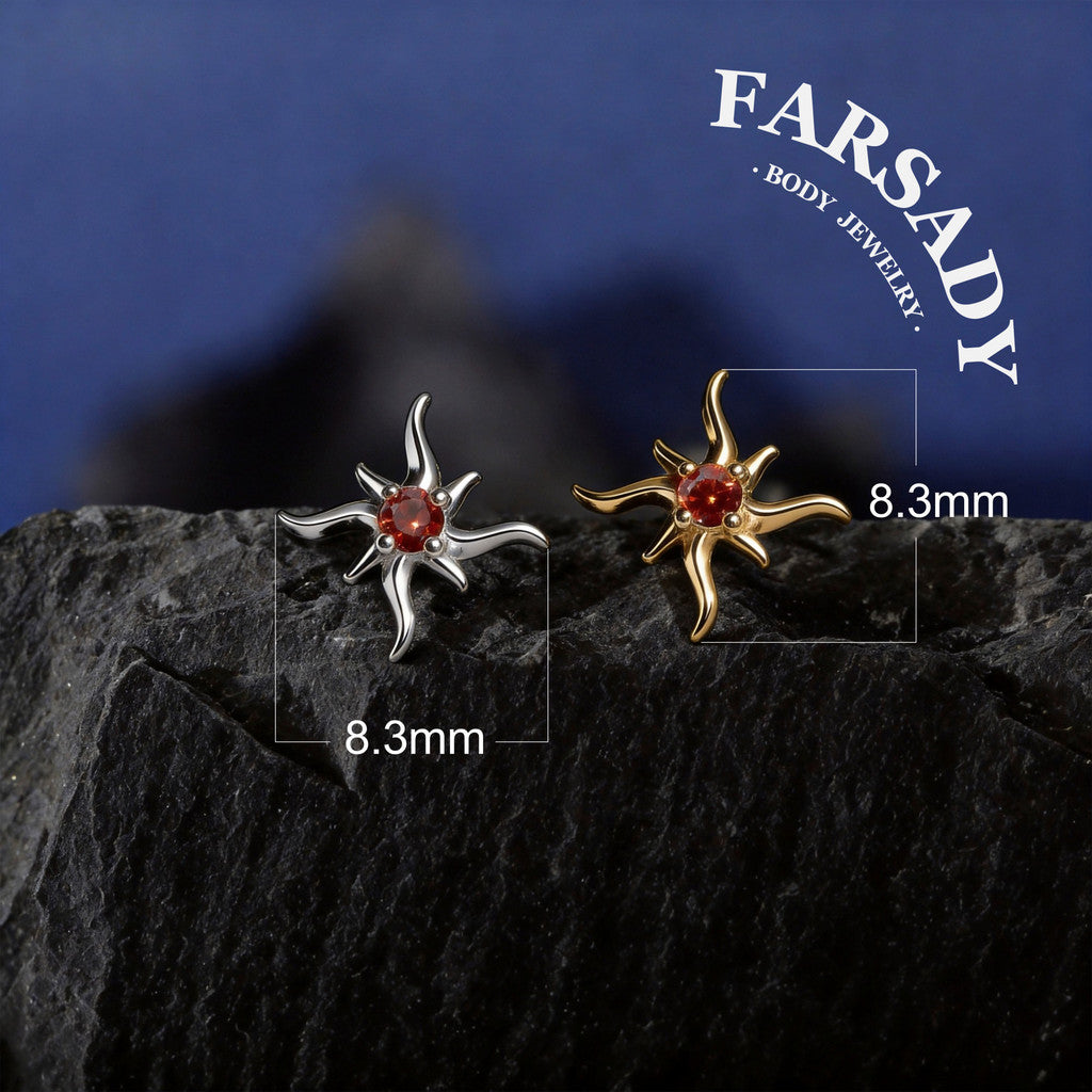 Flame Star - 925 Silver Threadless Stud / Fits Cartilage Helix Tragus Lobe Nostril Piercing